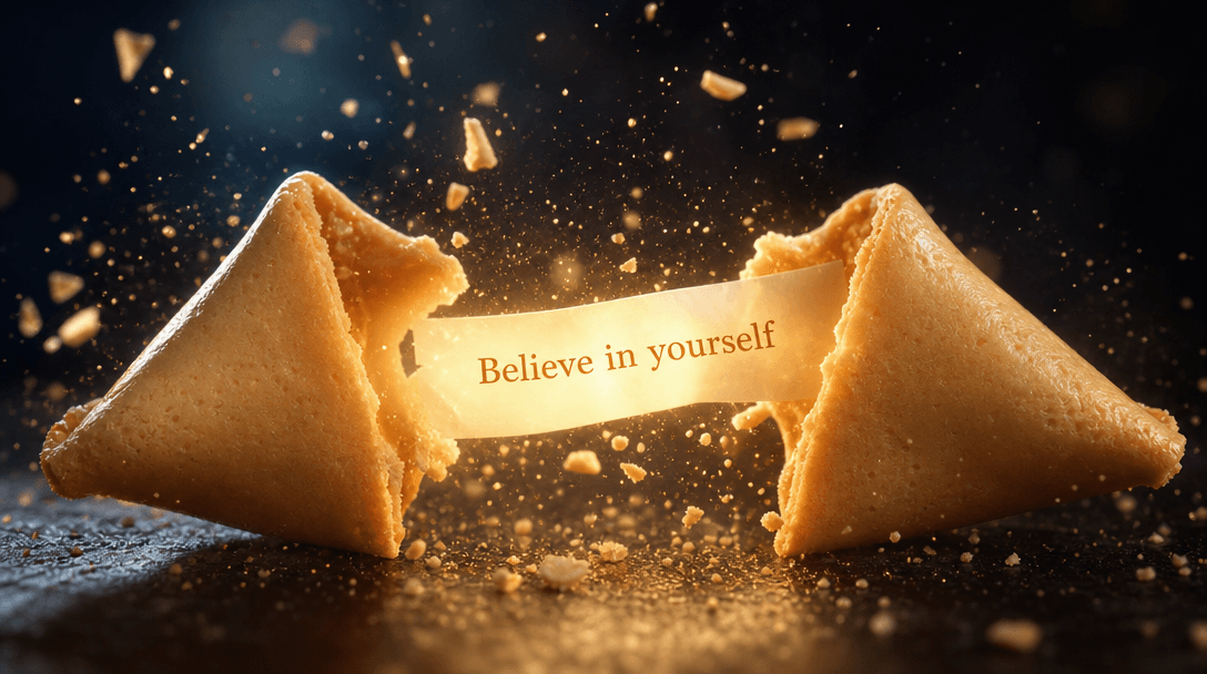 Fortune cookie cracking open in slow-motion, message text glowing and appearing, cinematic animation, particle effects a