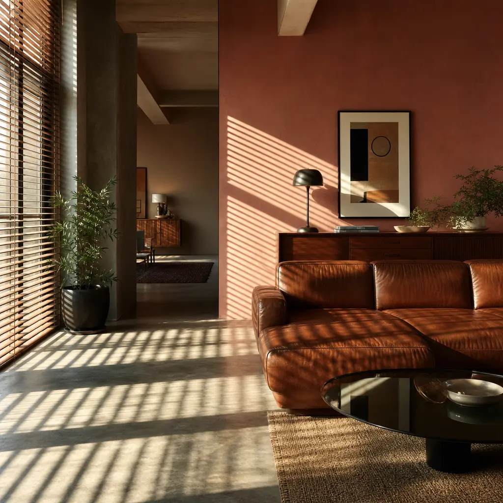 A mid-century modern living room with sun rays streaming through wooden venetian blinds creating bold striped shadow pat