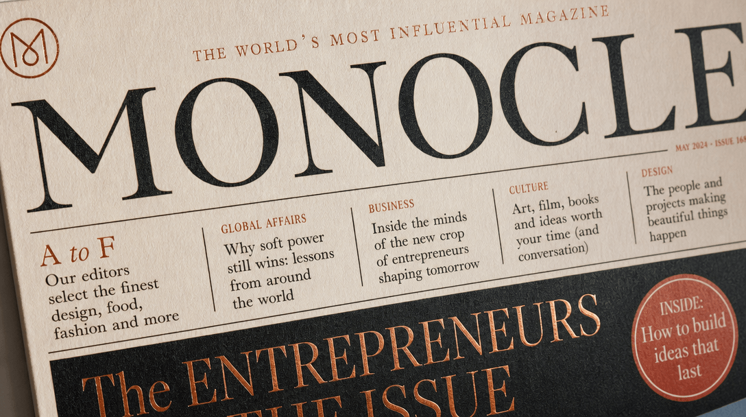 Close-up detail of magazine cover typography and design elements, professional font rendering, sophisticated layout hier
