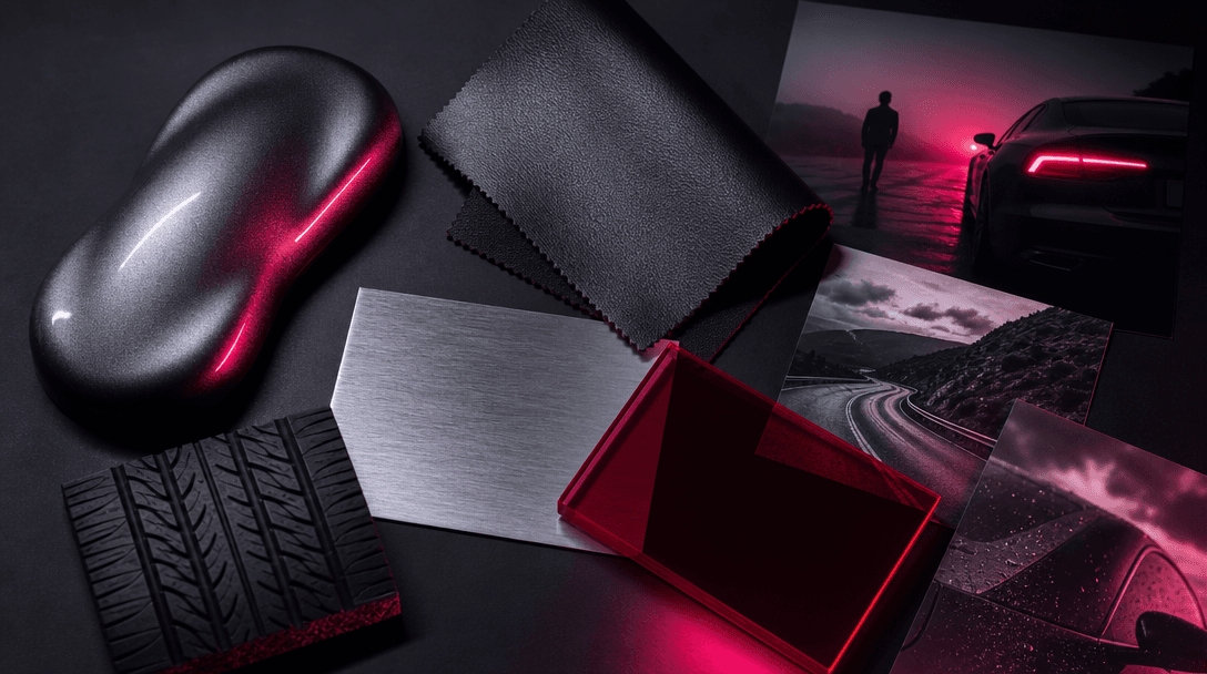 Automotive campaign moodboard materials arranged on a dark charcoal surface: metallic paint sample, black leather, brush