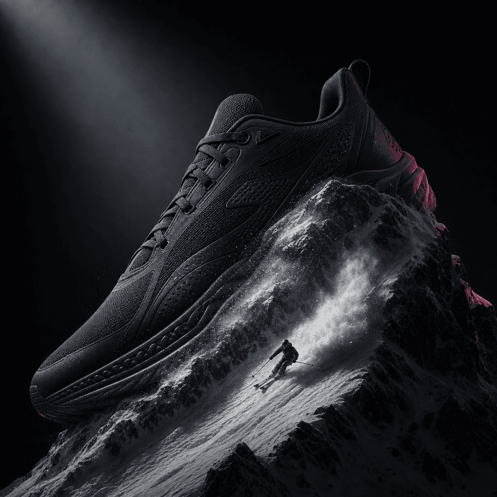A matte black performance sneaker becoming a steep snow-covered mountain, with a miniature skier descending along the cu