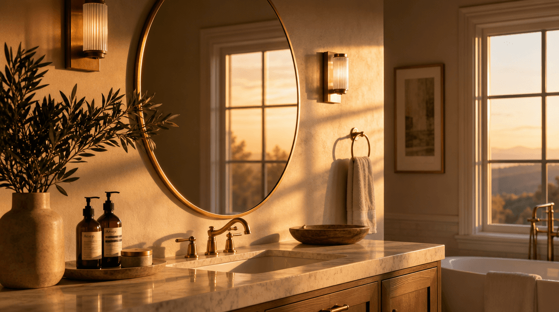 Golden hour warm sunlight hitting bathroom mirror and accessories. Beautiful natural window light with soft shadows. Lux
