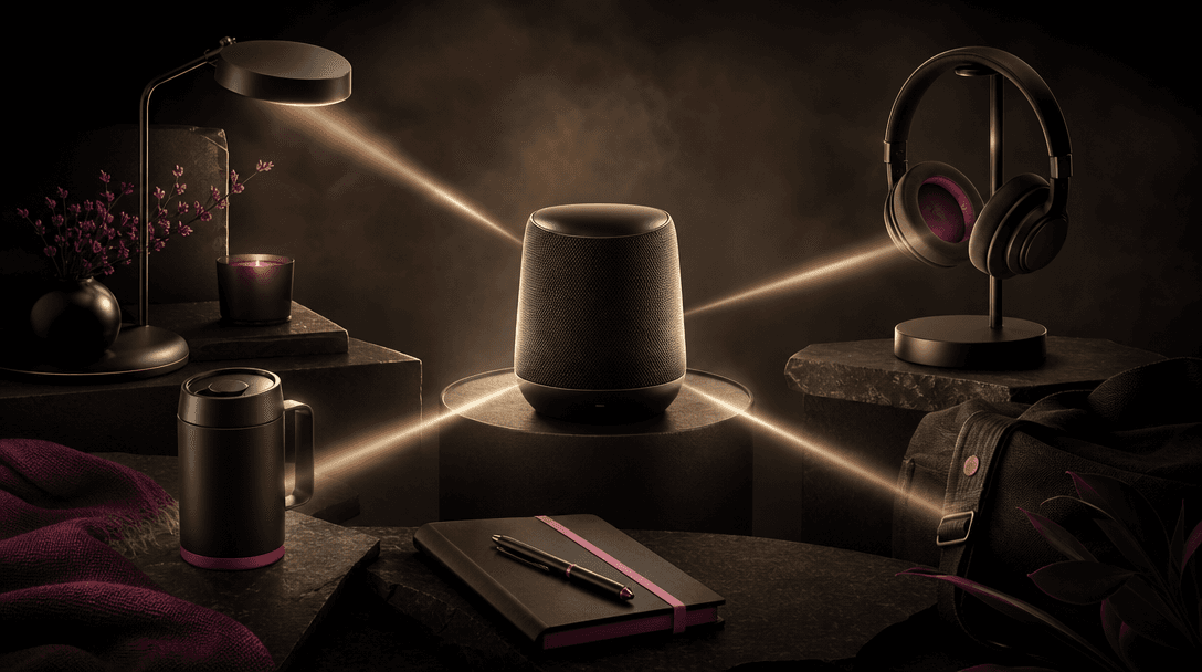 A hero product connected to several surrounding lifestyle objects by carefully directed beams of warm light, suggesting