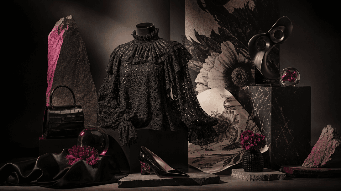 A premium fashion campaign still life with a hero garment, sculptural display forms, glossy accessories, printed illustr
