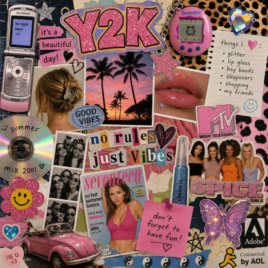 An artistic representation of a Y2K scrapbook collage filled with colorful images, funky patterns, and nostalgic element