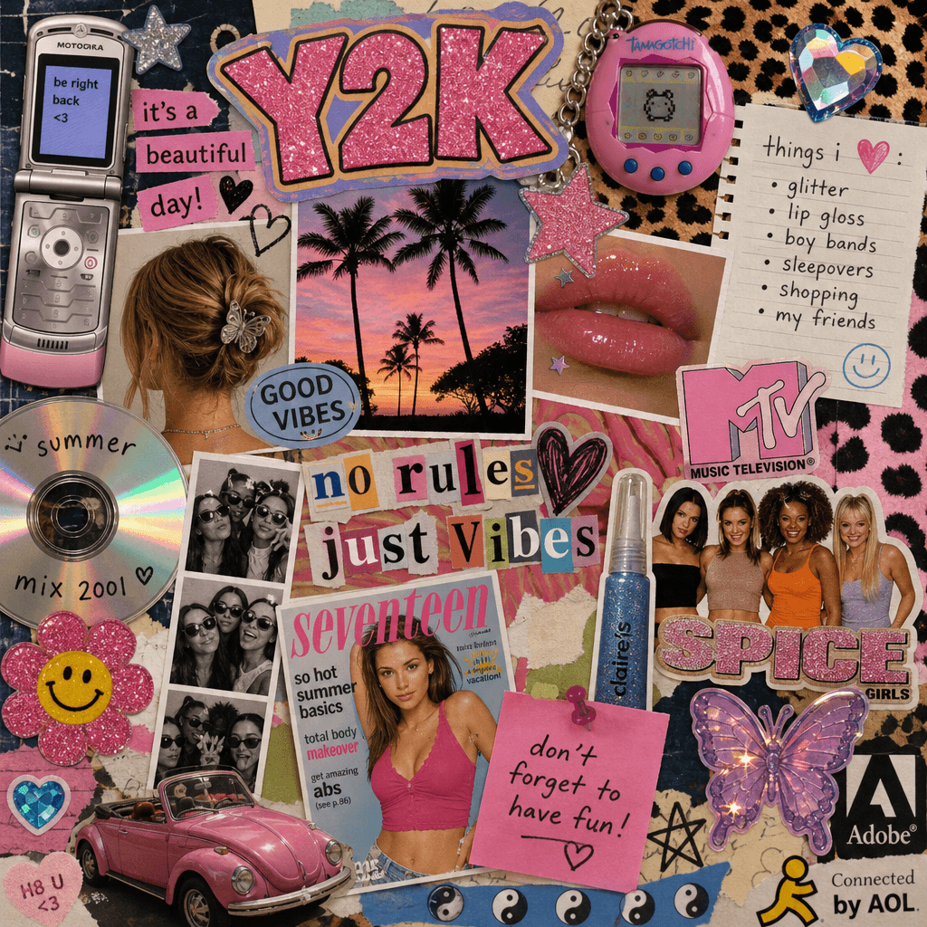 An artistic representation of a Y2K scrapbook collage filled with colorful images, funky patterns, and nostalgic element
