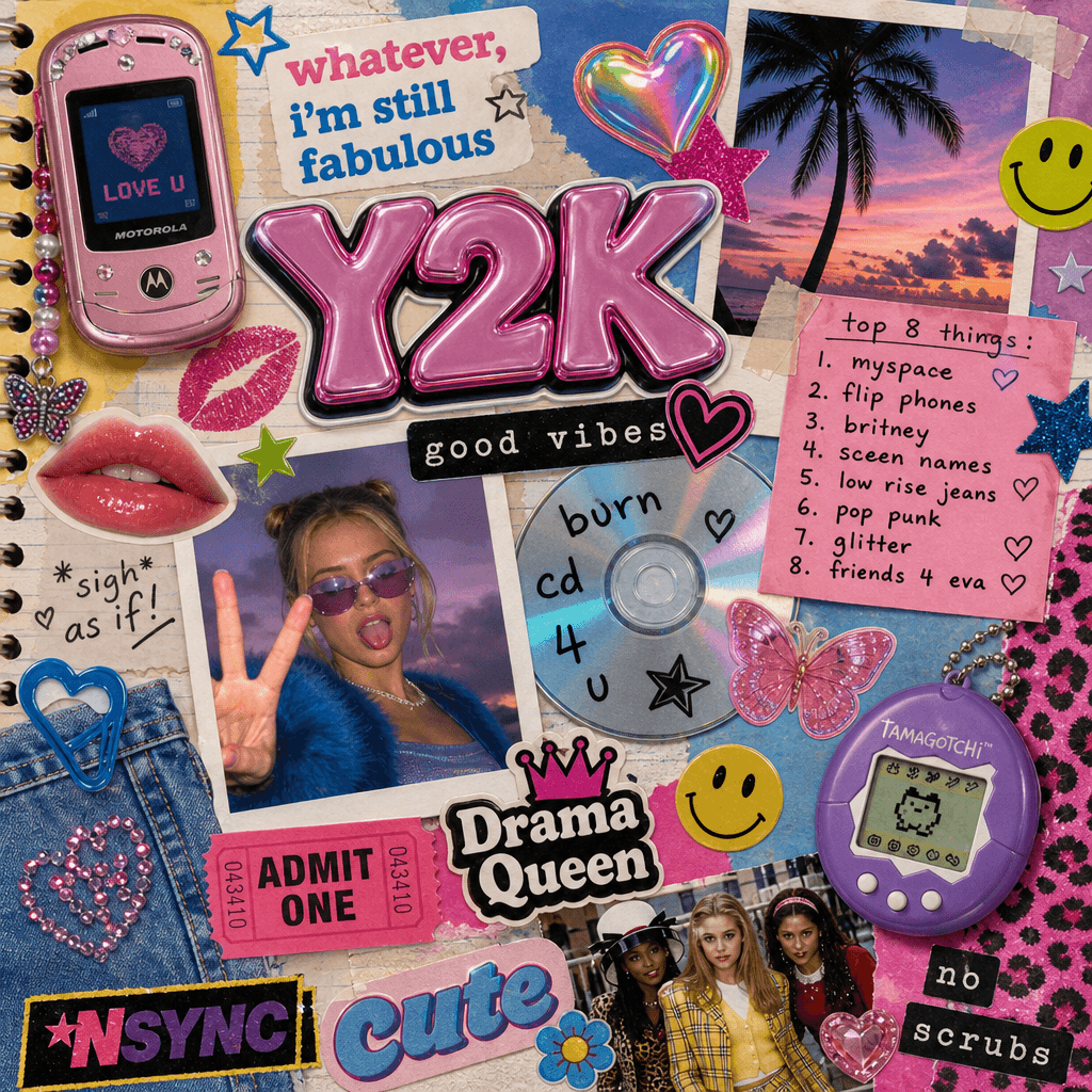 An example of a Y2K aesthetic scrapbook collage featuring a mix of vibrant colors, retro patterns, and playful stickers.