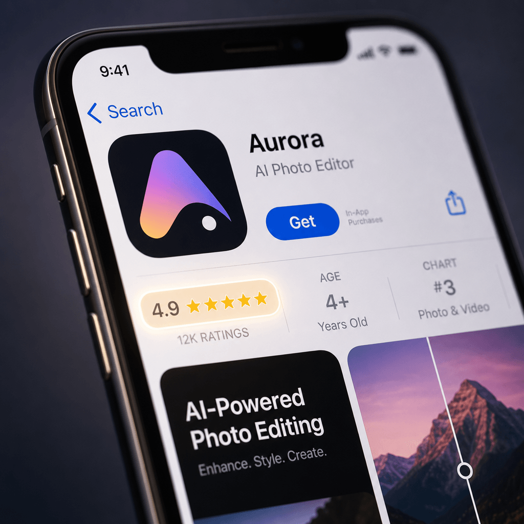 App store interface screenshot on smartphone screen, macro close-up showing five-star rating badge glowing subtly. Clean