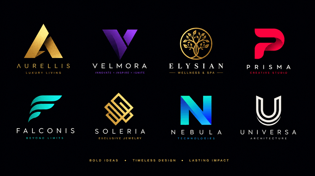 Creative logo design elements in bright editorial style. Vector shapes and brand marks on luxury dark background. Sharp