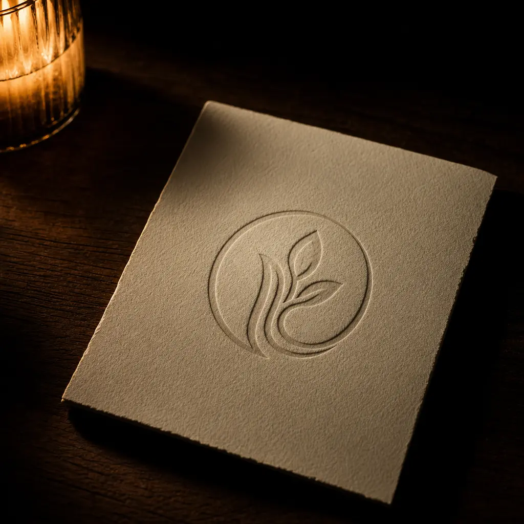 Restaurant brand identity: monochrome logo mark embossed on heavy cream paper resting on a dark walnut surface. Single o