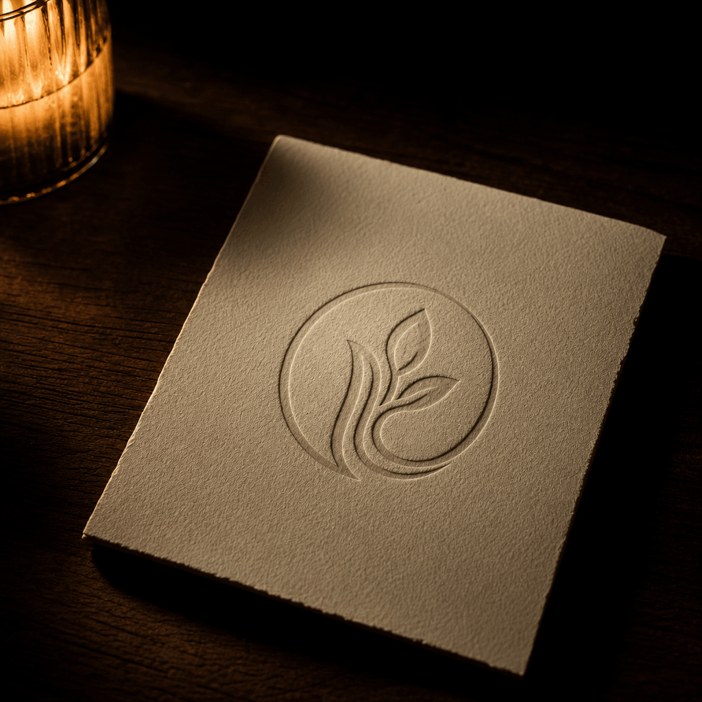 Restaurant brand identity: monochrome logo mark embossed on heavy cream paper resting on a dark walnut surface. Single o