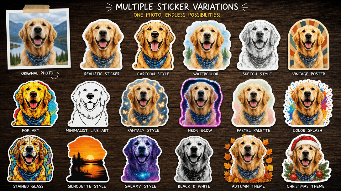 Multiple sticker variations from one photo showing different styles, artistic interpretations, color variations, dynamic