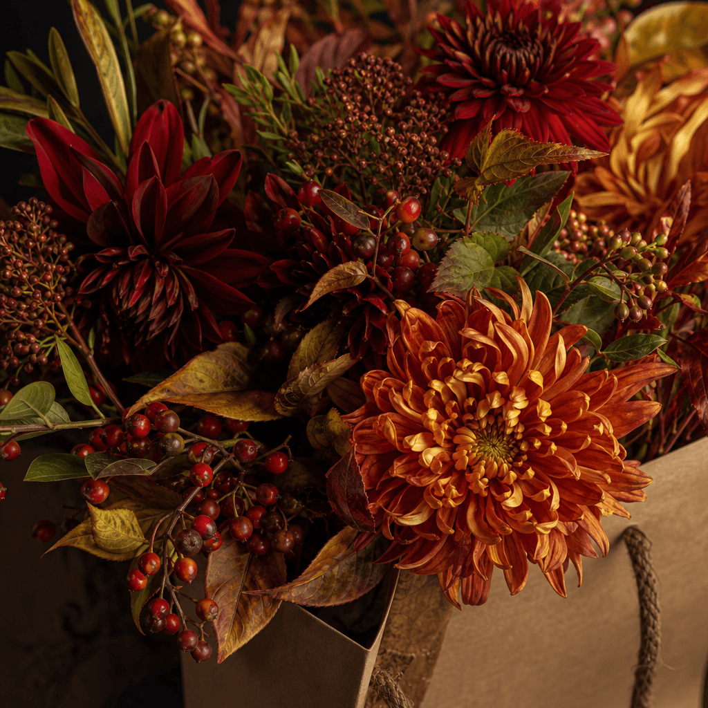 A wild seasonal bouquet with rust chrysanthemums, crimson dahlias, berries, and textured foliage inside a kraft paper fl