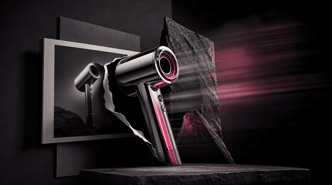 A single polished chrome product form emerging from a flat photographic plane into a dimensional cinematic environment,