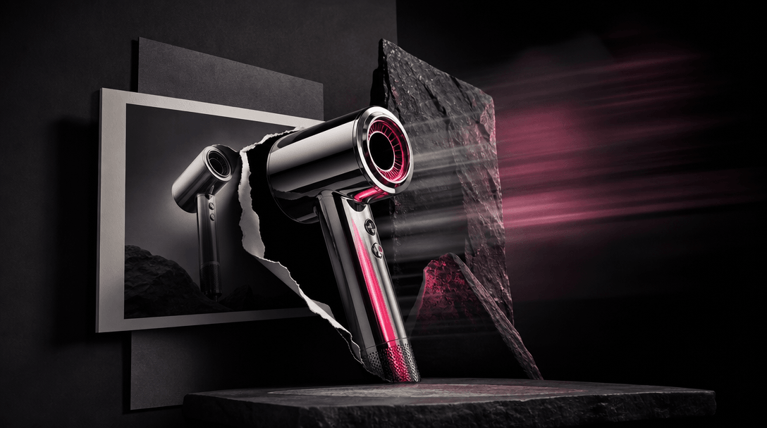 A single polished chrome product form emerging from a flat photographic plane into a dimensional cinematic environment,