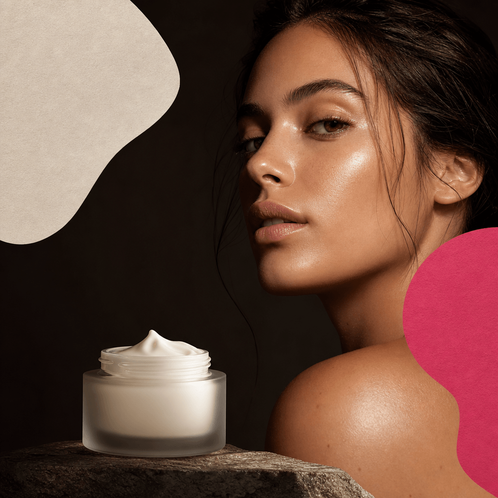Square skincare advertisement with a frosted moisturizer jar beside an abstract model with luminous natural skin, deep b