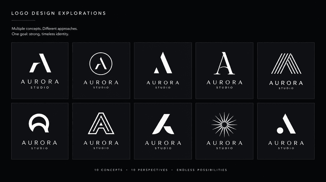 Multiple logo design variations displayed in portfolio grid, diverse styles and approaches, clean white typography on da
