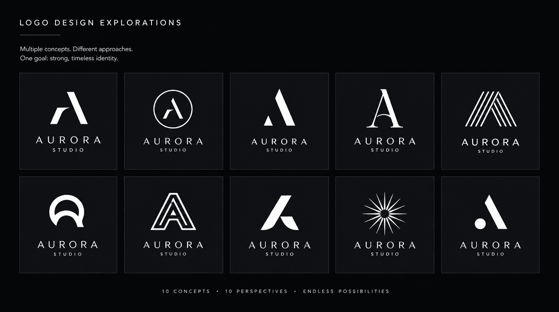 Multiple logo design variations displayed in portfolio grid, diverse styles and approaches, clean white typography on da