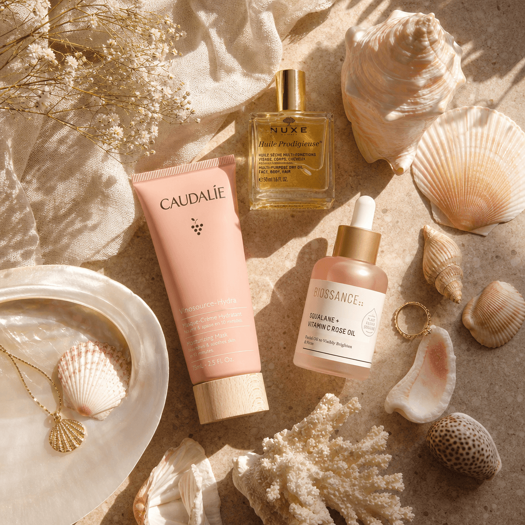 A creative sunlit shell flatlay with beauty products, featuring a mix of natural elements and soft lighting to enhance t