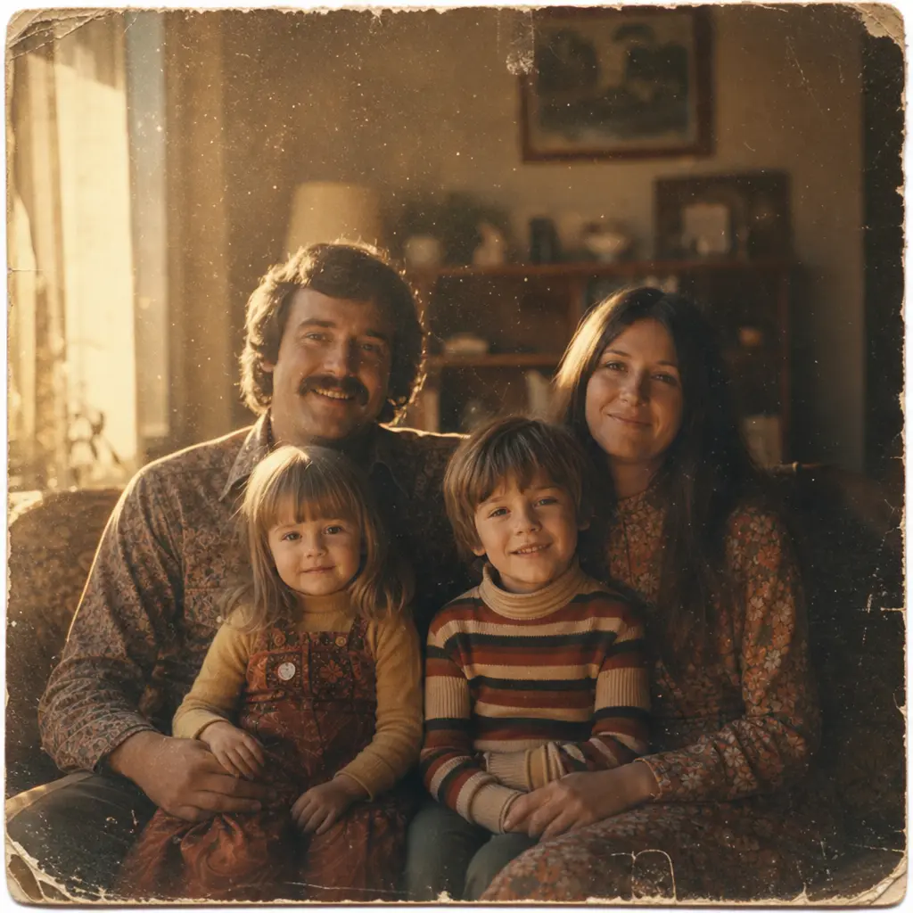 A worn family photograph from the 1970s beginning to glow with subtle warmth. Dust particles visible in golden afternoon