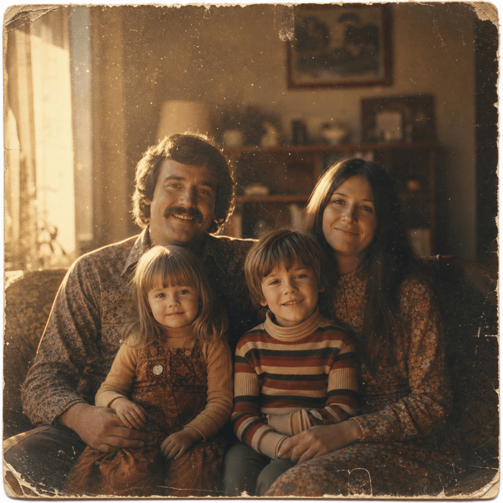 A worn family photograph from the 1970s beginning to glow with subtle warmth. Dust particles visible in golden afternoon