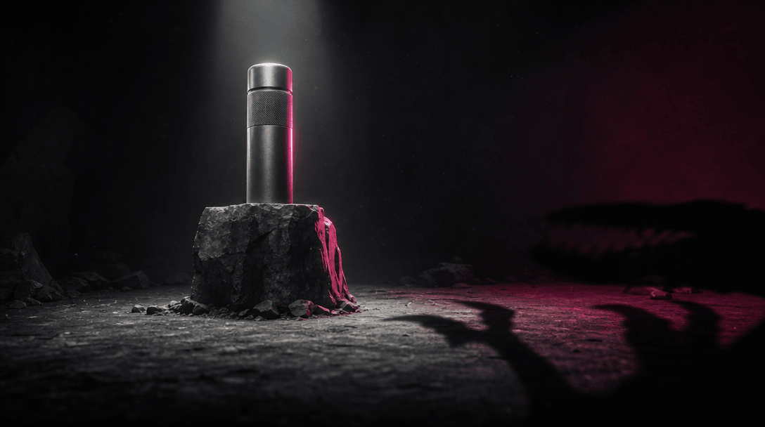 A single premium product container standing like a heroic monument in a cavernous black studio as an enormous dinosaur s