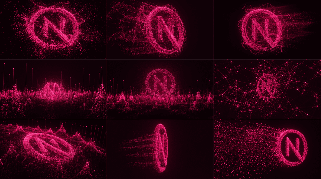 Abstract digital crowd visualization, particles forming logo shapes from multiple angles, neural network visualization c