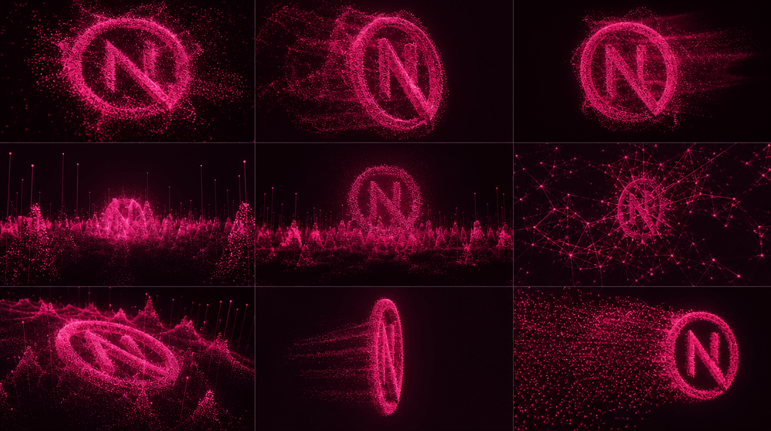 Abstract digital crowd visualization, particles forming logo shapes from multiple angles, neural network visualization c