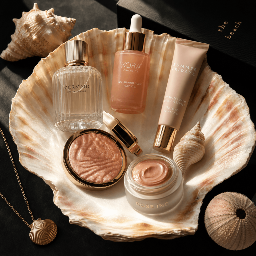 An elegant arrangement of beauty items in a sunlit shell flatlay, showcasing the textures and colors of the products aga