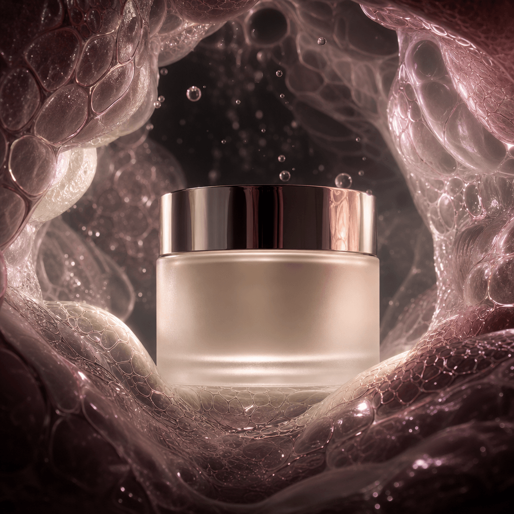 A frosted glass skincare jar resting inside a luminous cellular cavern, pearlescent membranes folding around the package
