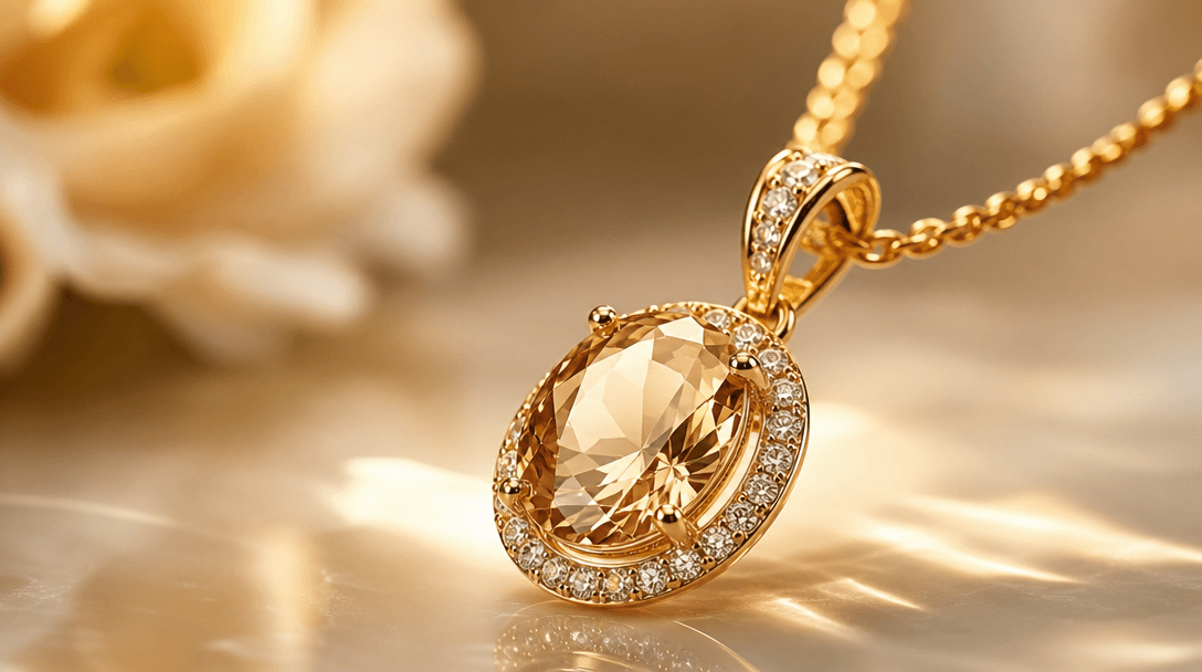 Soft golden light catching on polished jewelry surface—metal gleam and gemstone sparkle. Shallow depth-of-field, studio