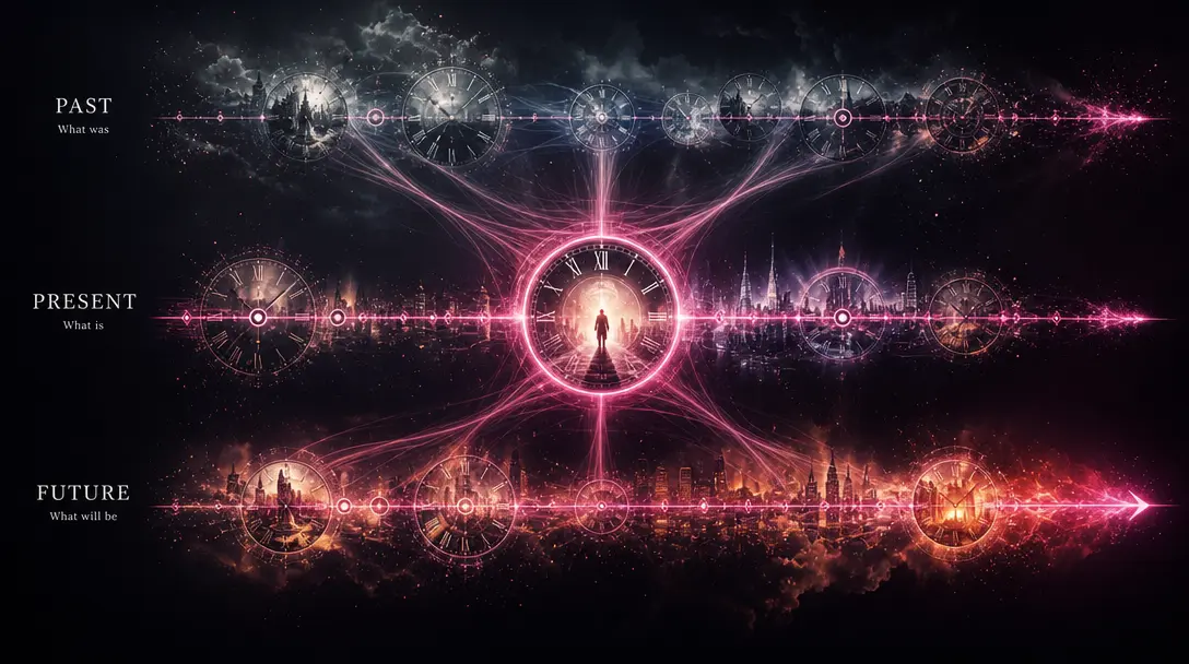 Abstract visualization of three parallel timelines diverging horizontally: past, present, future. Clock faces and time e