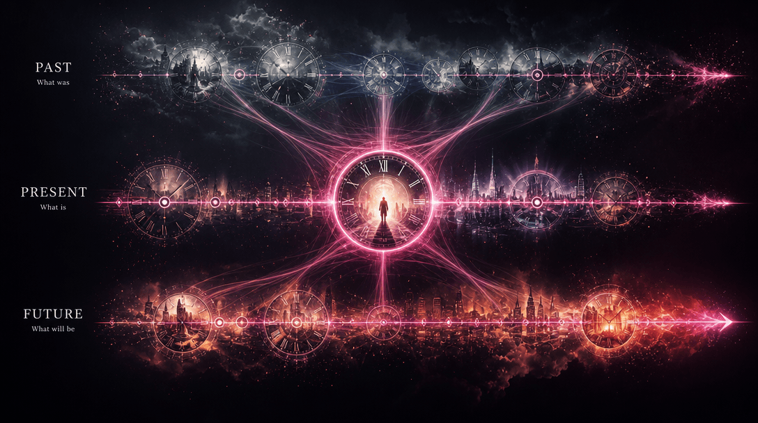 Abstract visualization of three parallel timelines diverging horizontally: past, present, future. Clock faces and time e