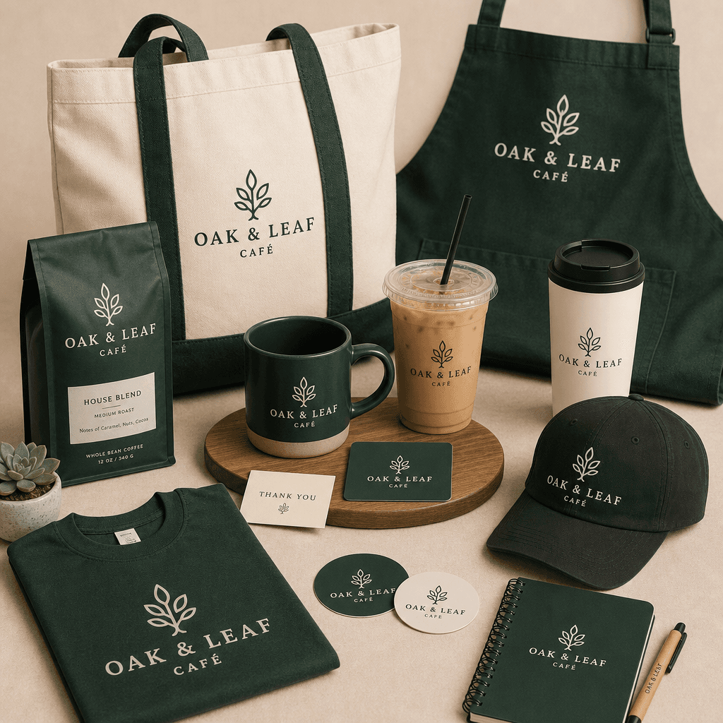 Complete café merchandise set displayed cohesively, professional product layout, all items visible, branding consistency