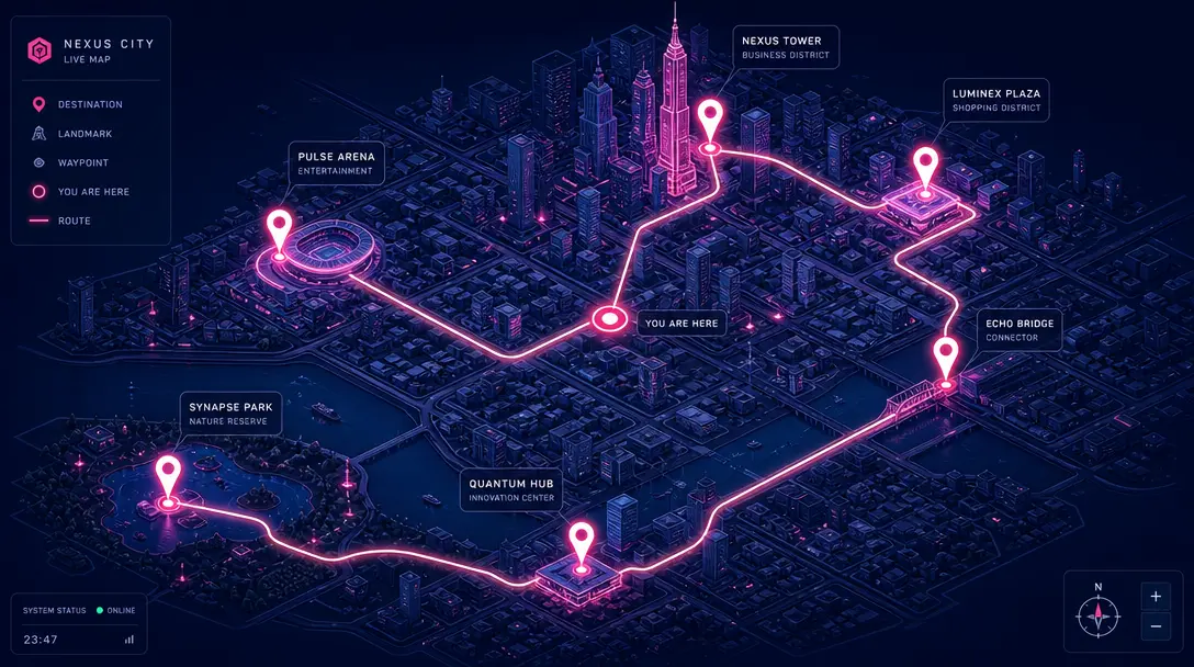 Isometric city map illustration with glowing location pins connected by neon light trails. Dark navy background, hot pin
