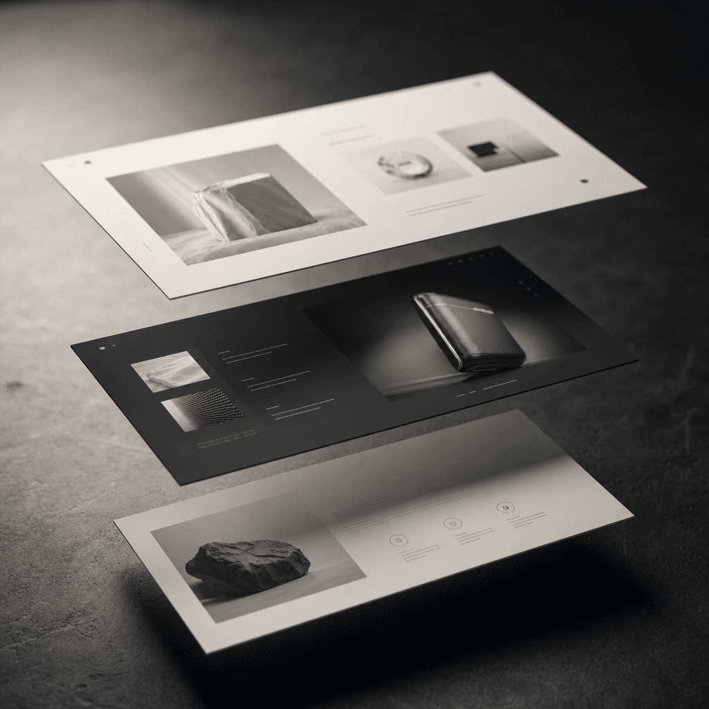 A landing page layout abstracted into three layered floating rectangles at varying depths above a dark surface. Cool dir