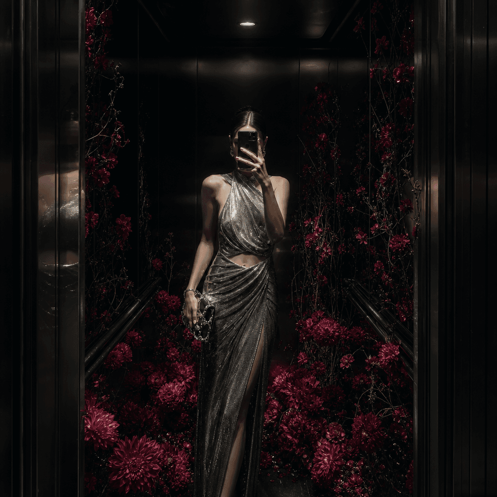 A surreal nighttime elevator portrait with deep burgundy flowers emerging from the floor and seams of dark mirrored wall