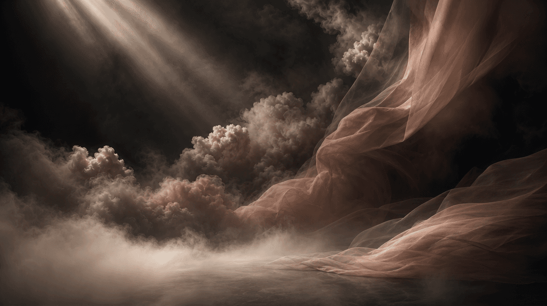Layered sheets of translucent mist, sculpted clouds, and soft fabric forming deep foreground-to-background planes, illum