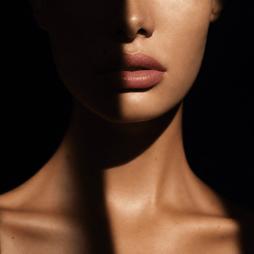 Fashion editorial close-up of a model's face and collarbones with dramatic high-fashion split lighting, one side in deep