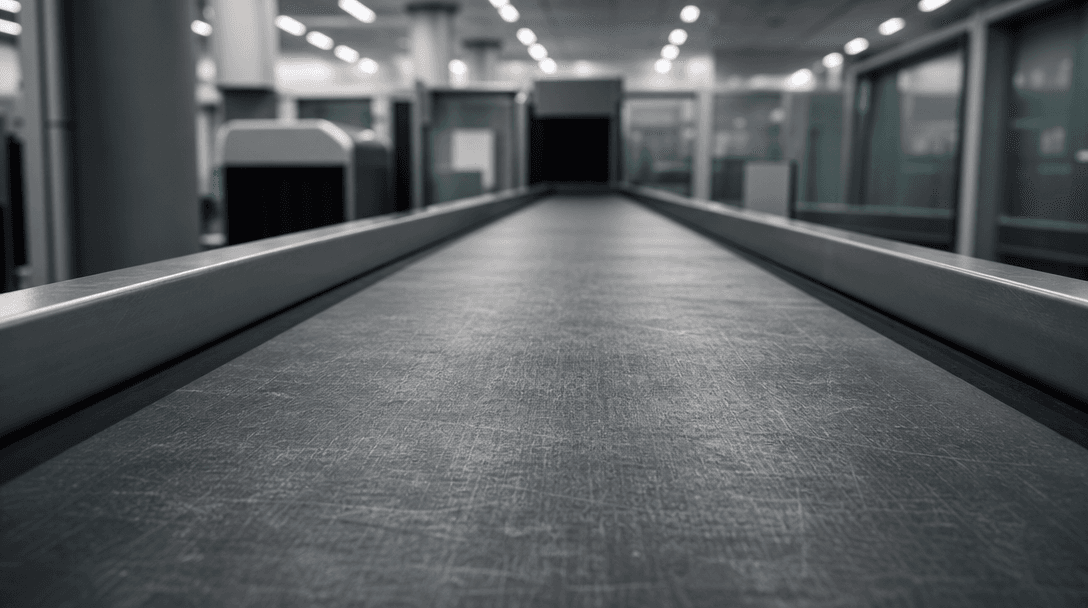 Abstract wide cinematic shot of a gray airport security checkpoint conveyor belt surface stretching into the distance, b