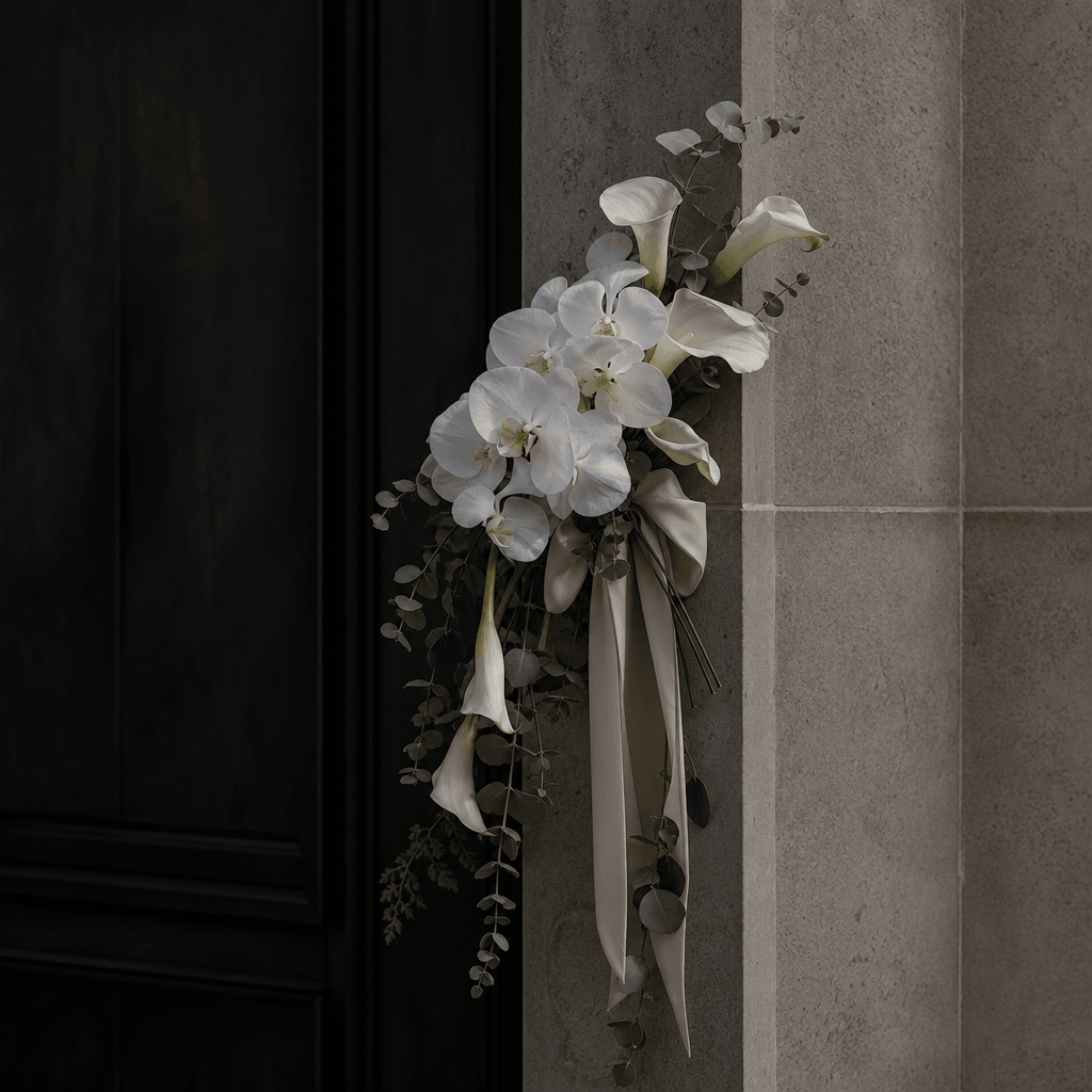 A minimalist white orchid and calla lily bouquet hanging on a smooth limestone doorway, restrained ivory ribbon and spar