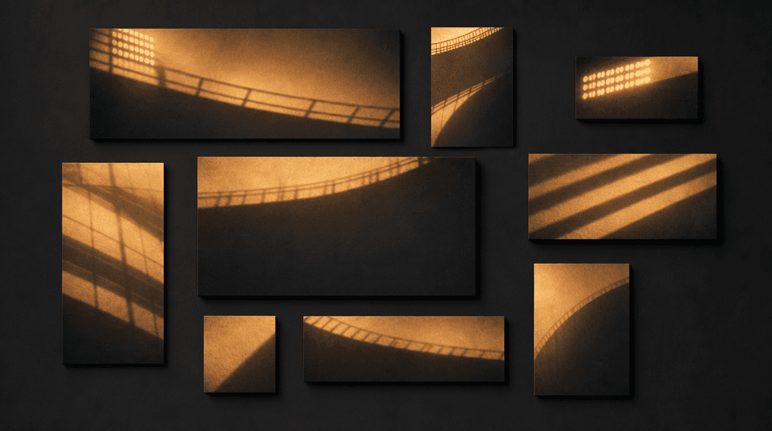 Geometric composition of rectangular panels of stadium light and shadow arranged on a deep charcoal surface, various siz