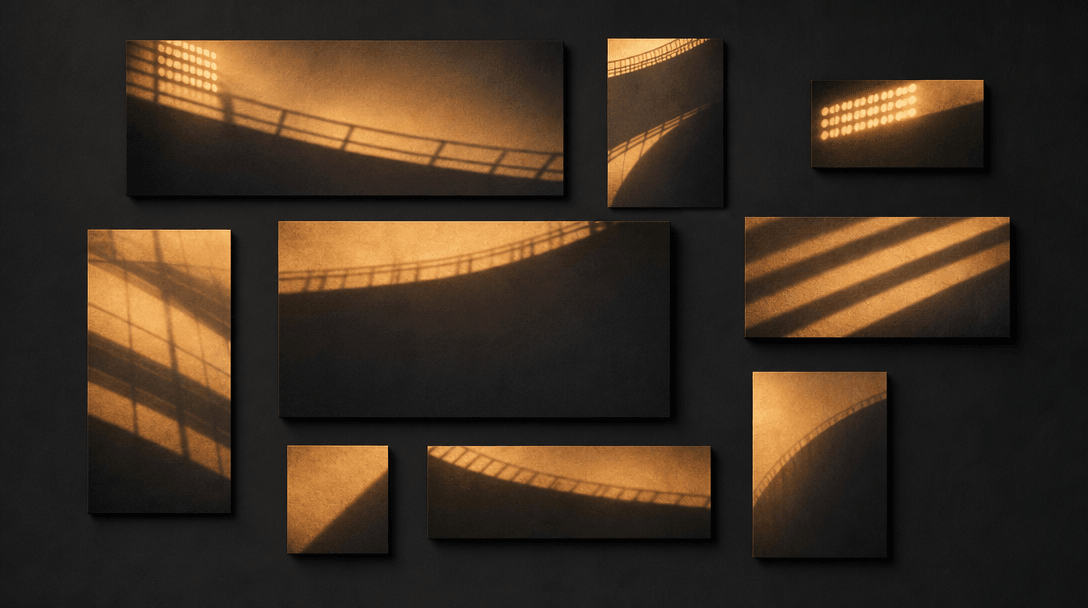 Geometric composition of rectangular panels of stadium light and shadow arranged on a deep charcoal surface, various siz