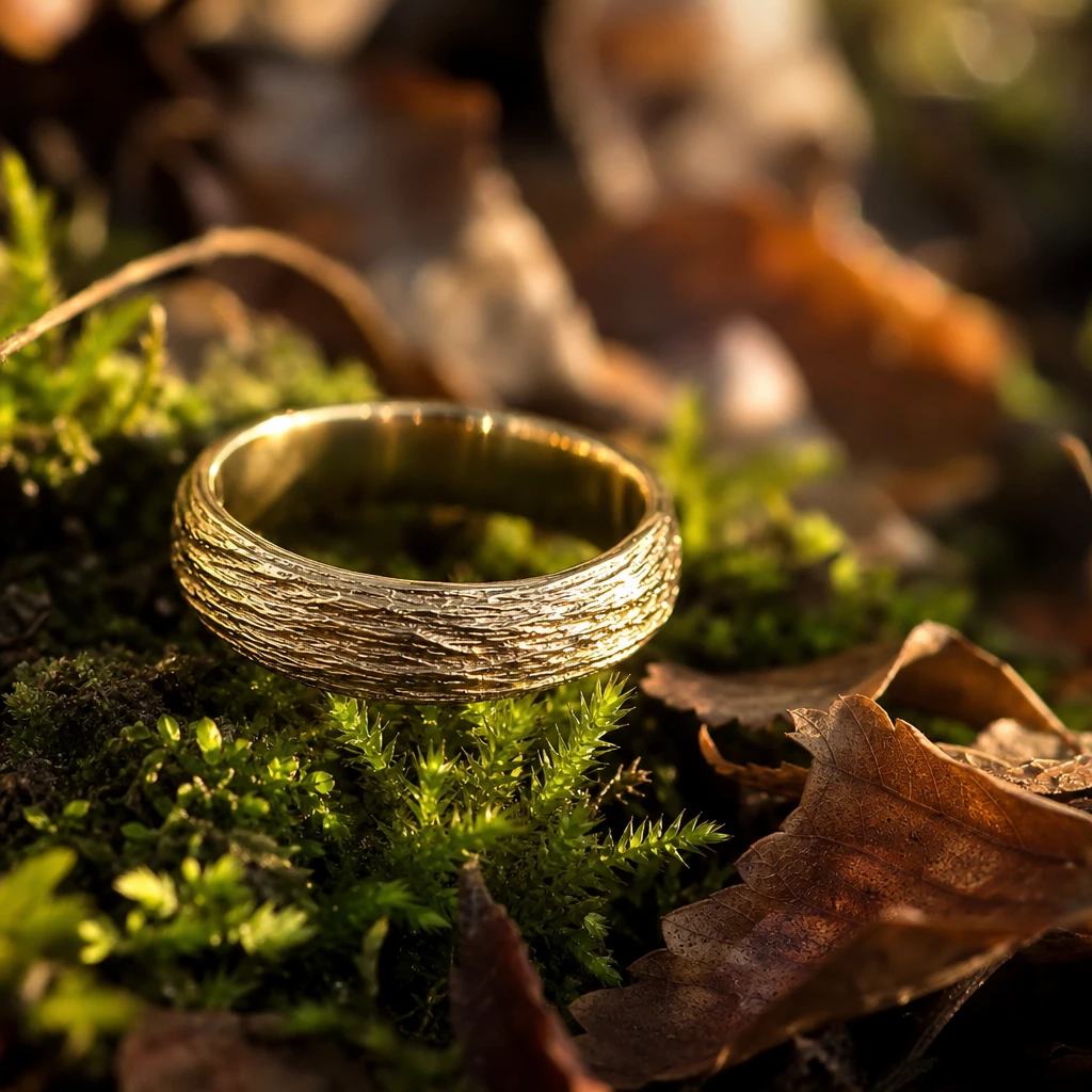 Gold ring resting on forest moss and fallen leaves, macro jewelry photography, golden hour side lighting, shallow depth