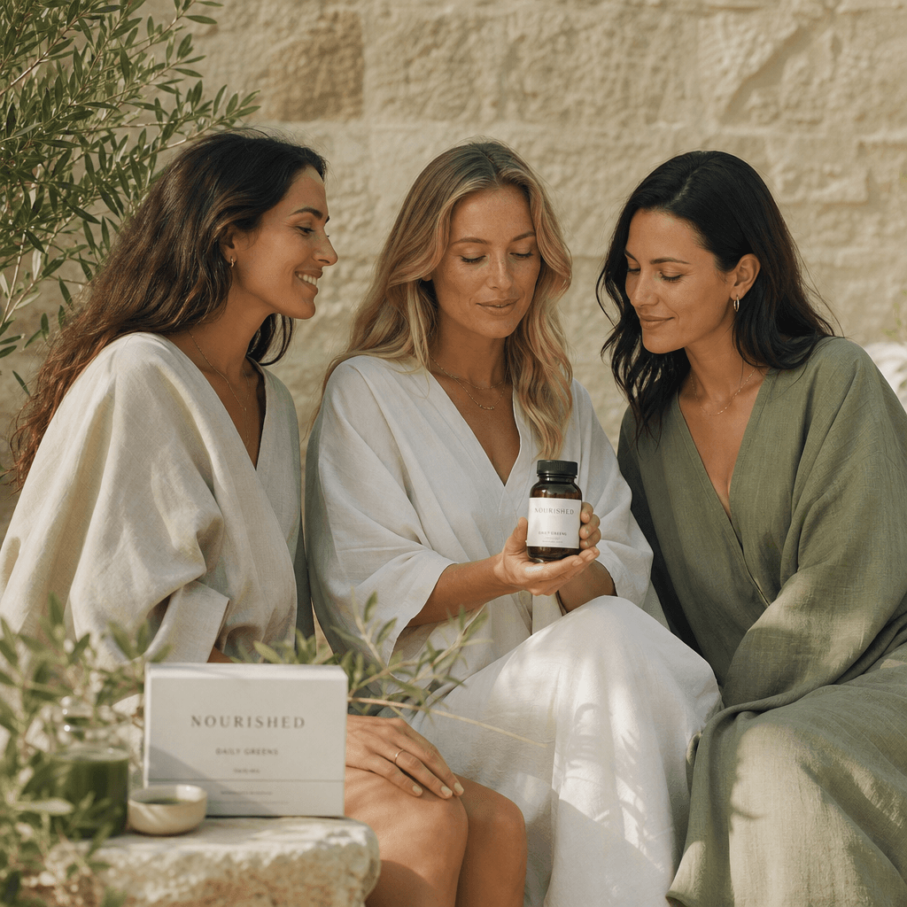 Three adult women outdoors beside a minimalist stone wall, presenting a wellness product in soft late-afternoon sunlight