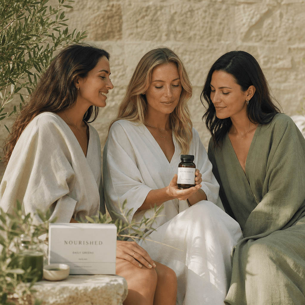 Three adult women outdoors beside a minimalist stone wall, presenting a wellness product in soft late-afternoon sunlight