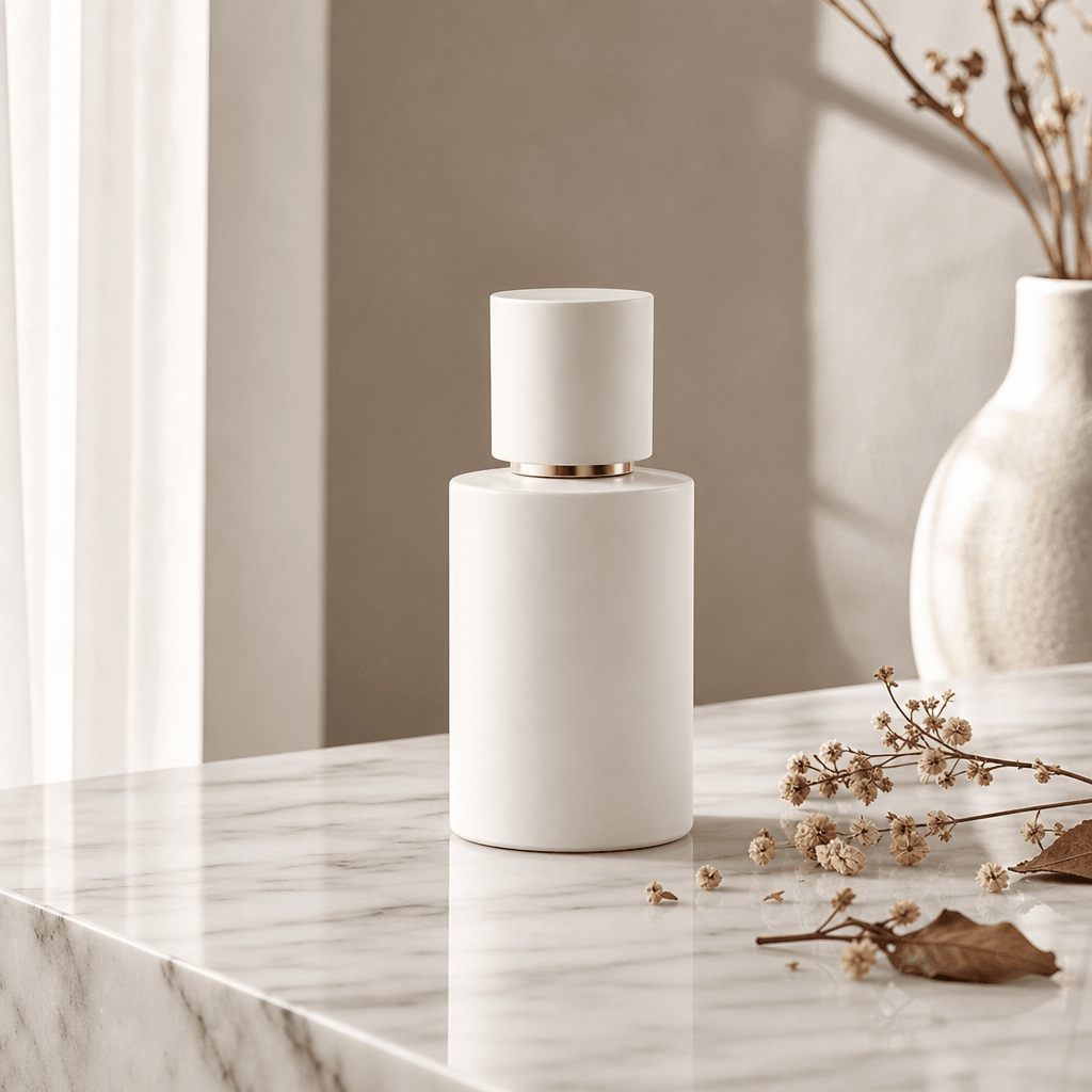 A minimalist white perfume bottle resting on a polished marble surface with faint grey veining, small dried botanicals s