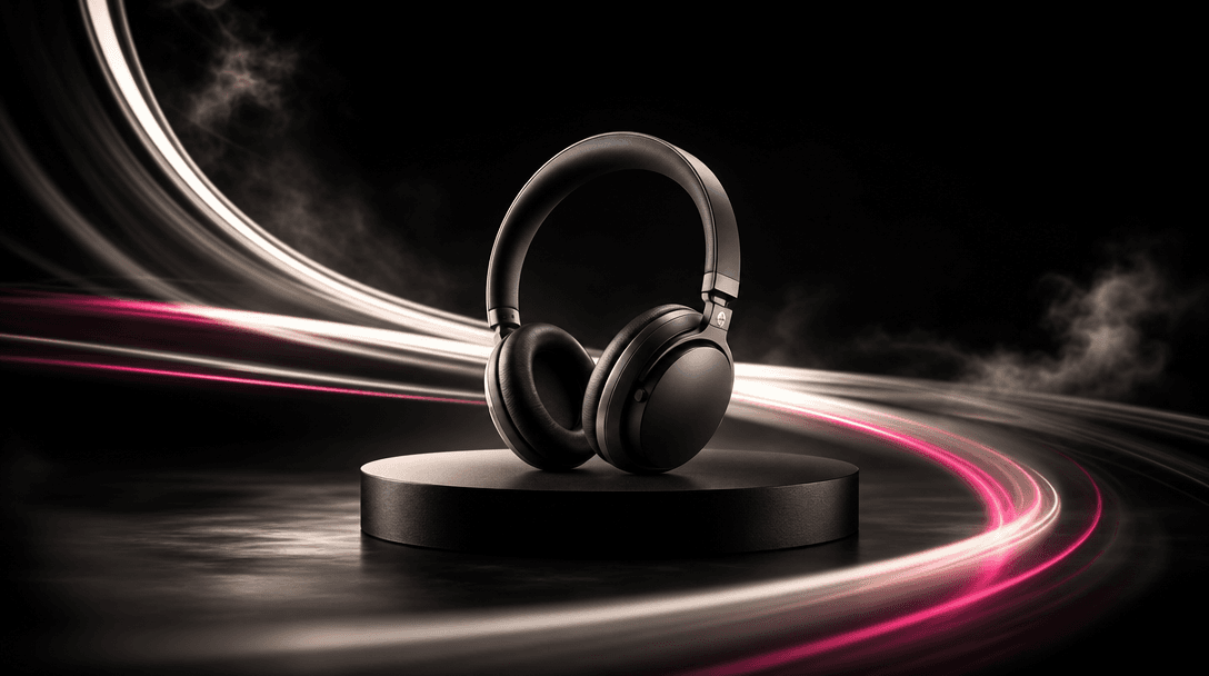 A finished consumer product centered on a matte black studio platform while ribbons of light sweep around it like accele
