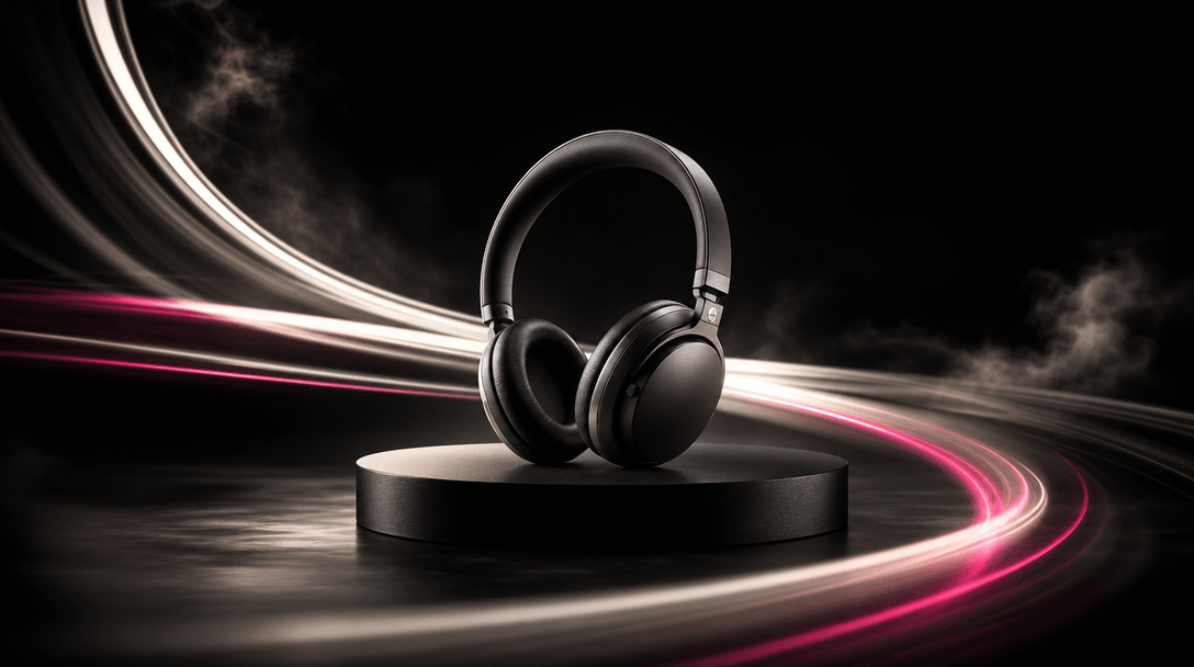 A finished consumer product centered on a matte black studio platform while ribbons of light sweep around it like accele