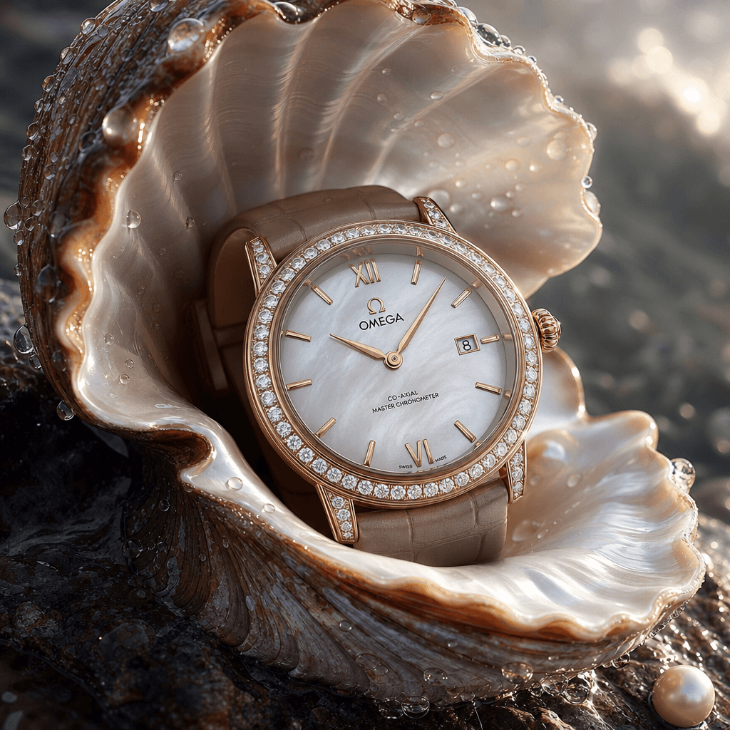Luxury watch face visible inside an open seashell with water droplets. Professional product lighting, premium materials,